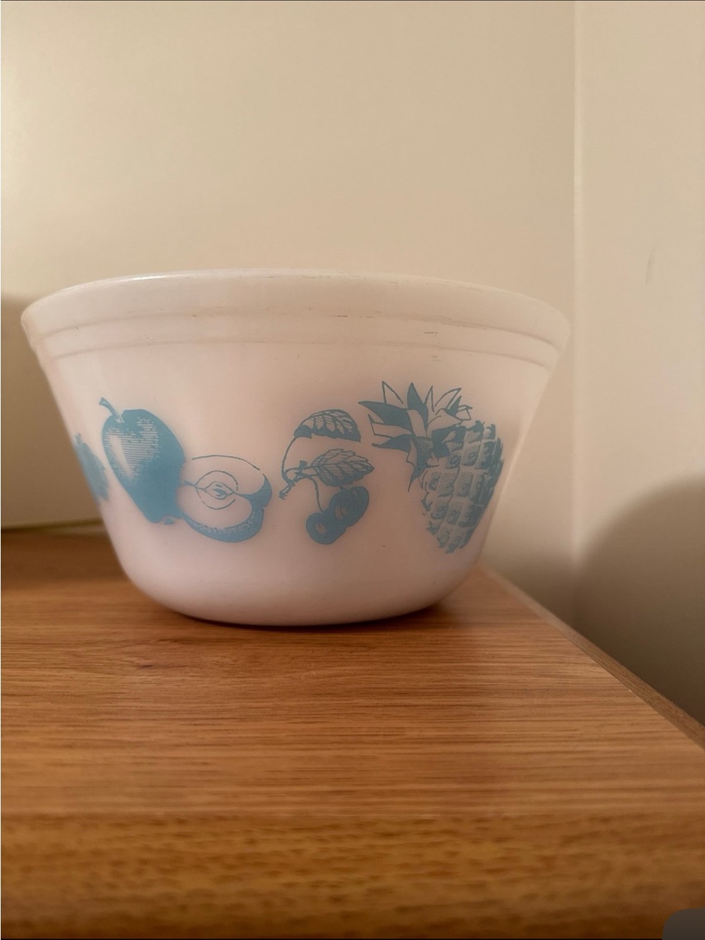 Vintage Milk Glass Mixing Bowl with Blue Fruit Motif